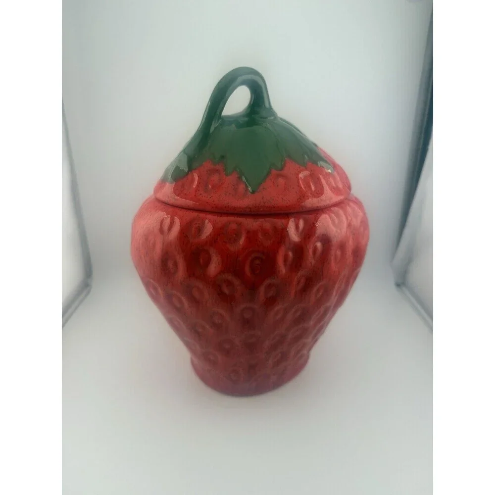 Vintage Red Strawberry Shaped Cookie Jar Canister w/ Leafy Lid 10” total height